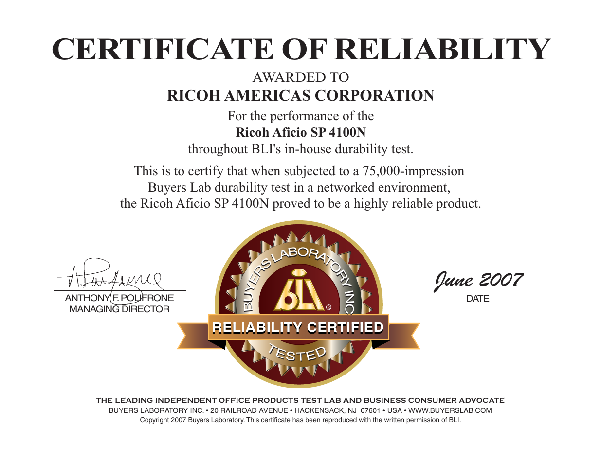 Certificate of reliability, June, Ricoh americas corporation | Ricoh Aficio SP 4100N User Manual | Page 18 / 18
