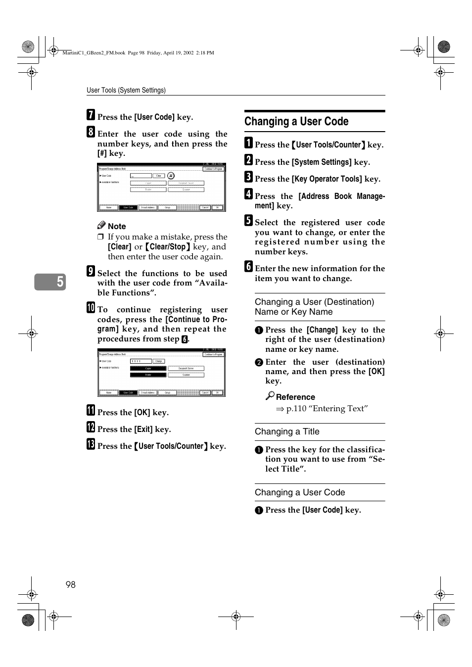 Changing a user code | Ricoh Aficio 2075 User Manual | Page 105 / 195