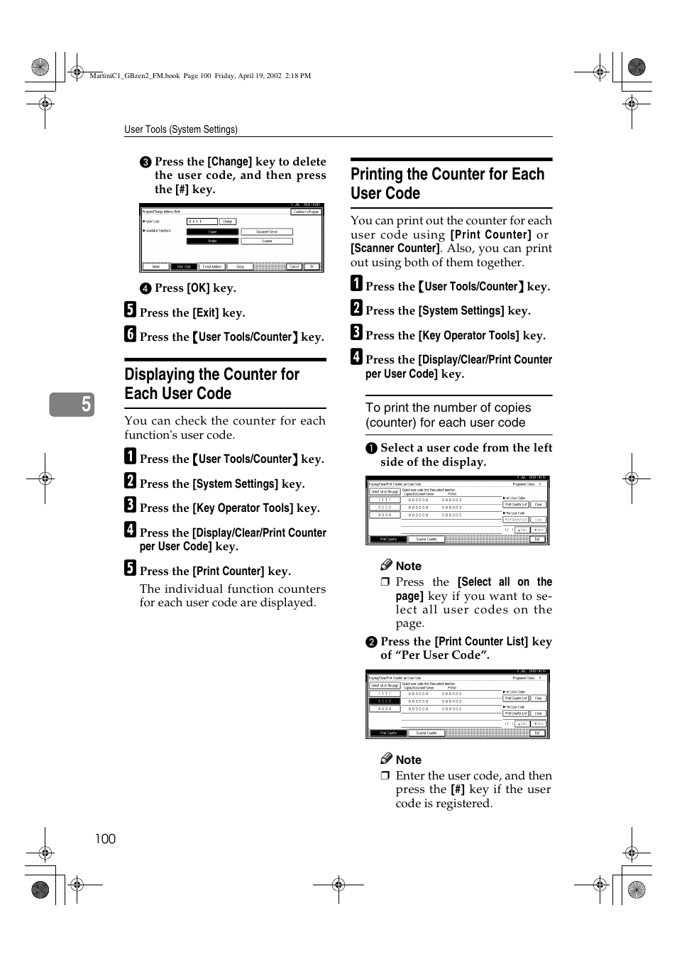 Displaying the counter for each user code, Printing the counter for each user code | Ricoh Aficio 2075 User Manual | Page 107 / 195