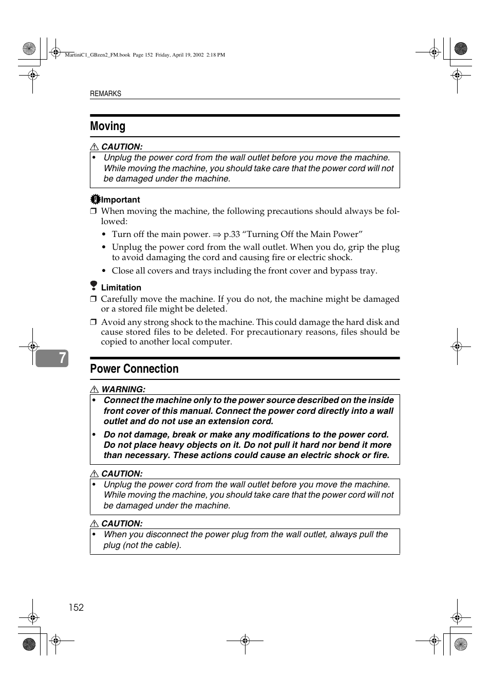 Moving, Power connection | Ricoh Aficio 2075 User Manual | Page 159 / 195
