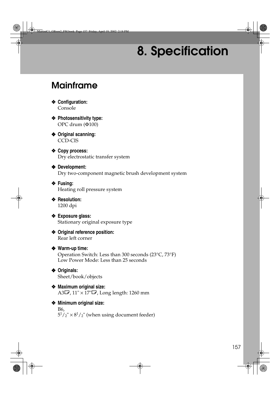 Specification, Mainframe | Ricoh Aficio 2075 User Manual | Page 164 / 195