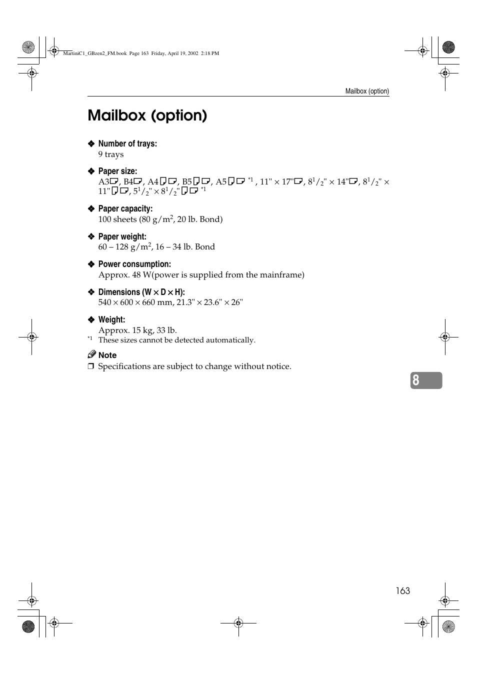Mailbox, 8mailbox (option) | Ricoh Aficio 2075 User Manual | Page 170 / 195