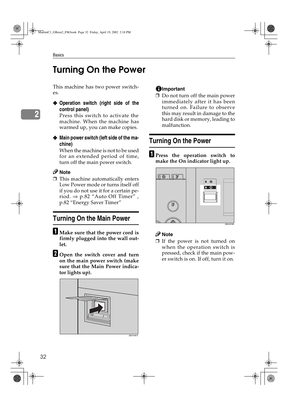 Turning on the power, 2turning on the power, Turning on the main power | Ricoh Aficio 2075 User Manual | Page 39 / 195