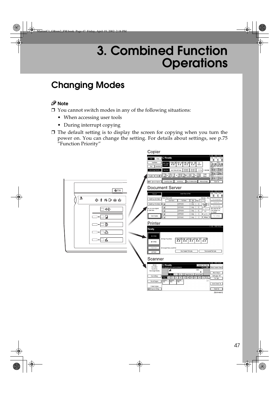 Combined function operations, Changing modes | Ricoh Aficio 2075 User Manual | Page 54 / 195