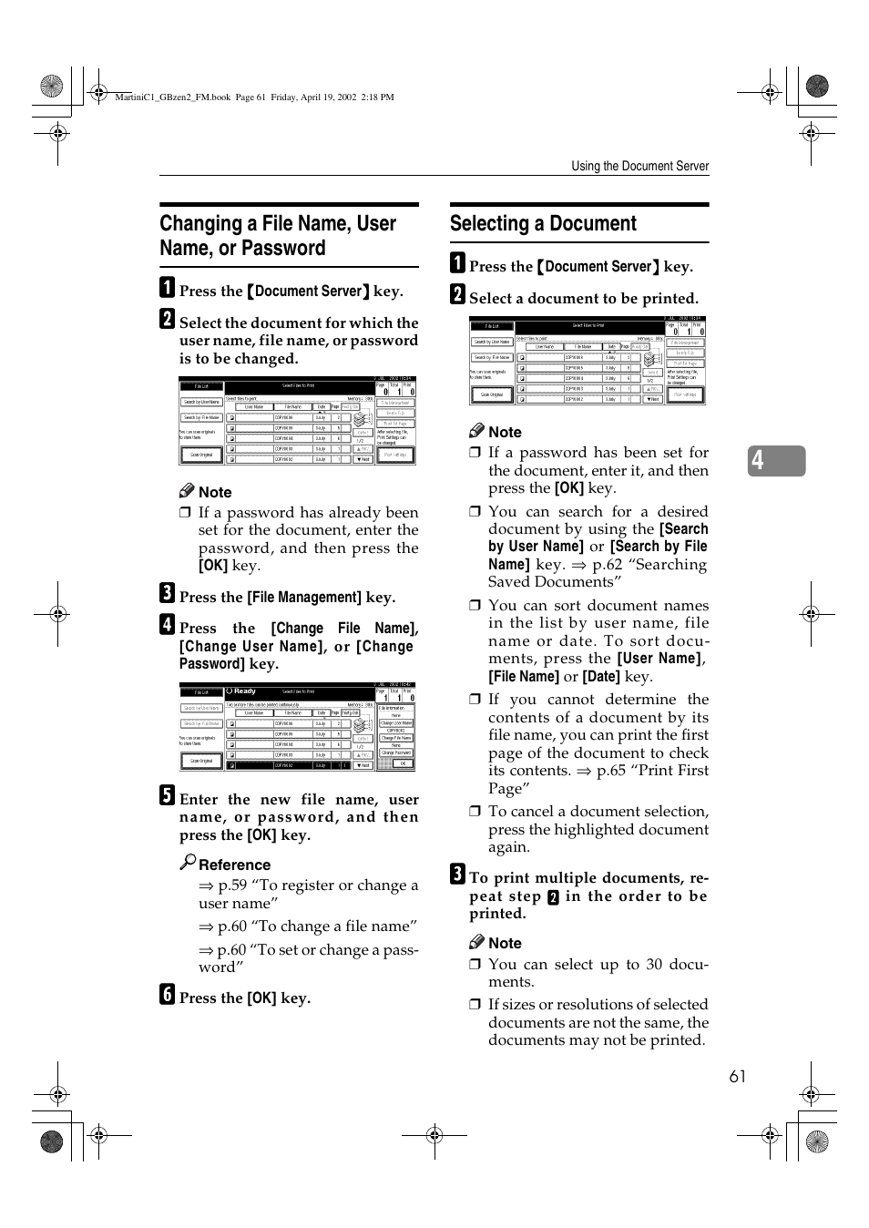 Changing a file name, Selecting a document, Changing a file name, user name, or password | Ricoh Aficio 2075 User Manual | Page 68 / 195