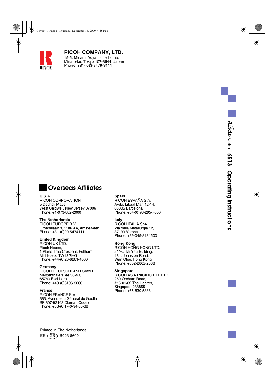 Overseas affiliates, 6513 o p e rating instruction s | Ricoh 6513 User Manual | Page 264 / 264