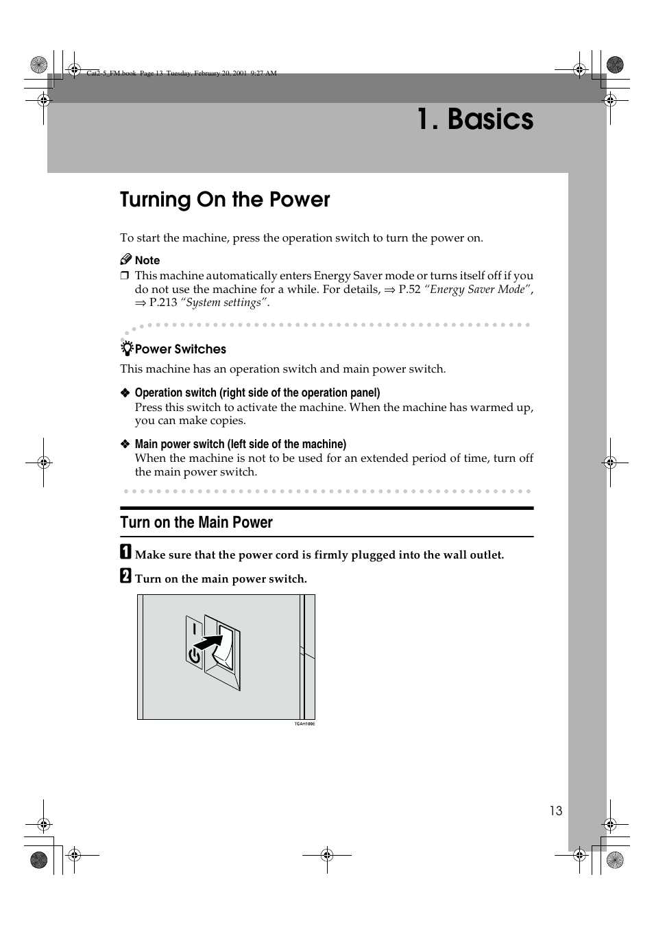 Basics, Turning on the power, Turn on the main power | Ricoh 6513 User Manual | Page 28 / 264