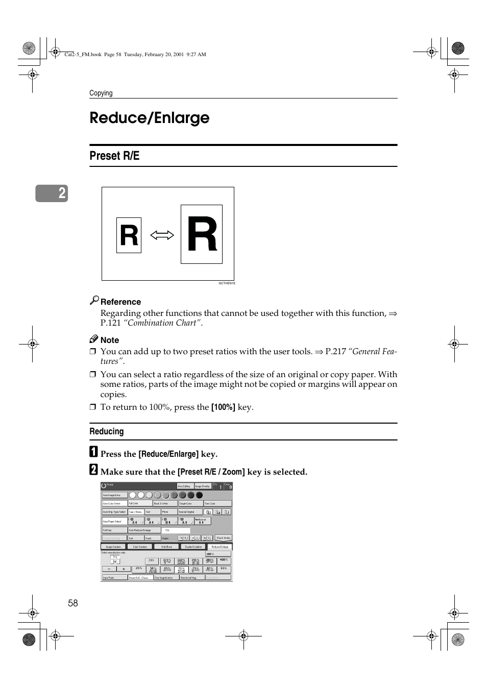 2reduce/enlarge, Preset r/e | Ricoh 6513 User Manual | Page 73 / 264