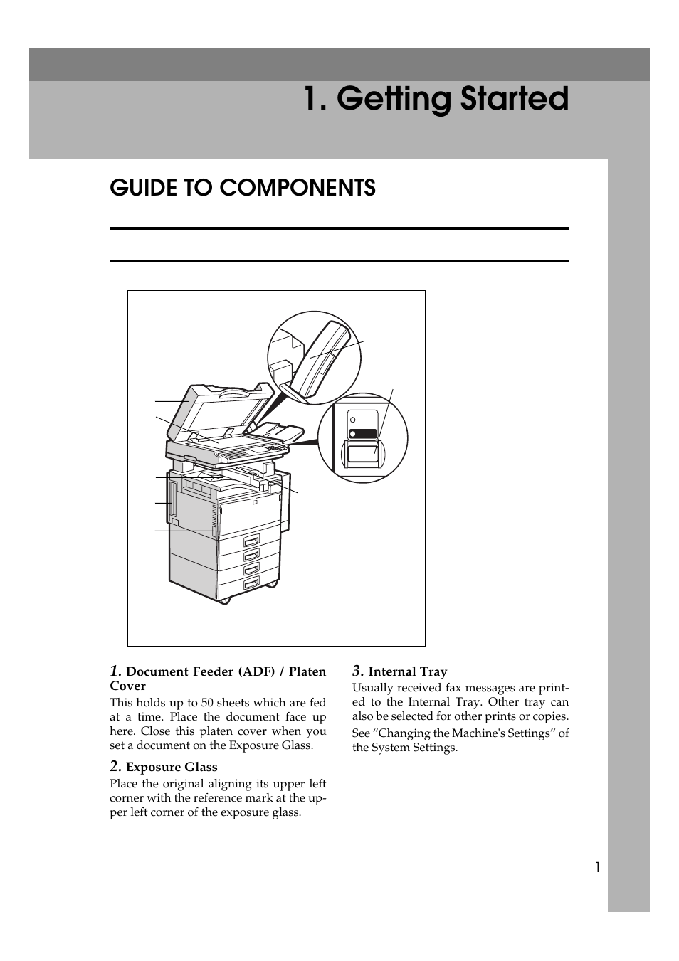  getting started, Guide to components, Front view | Getting started | Ricoh Aficio 340 User Manual | Page 257 / 494