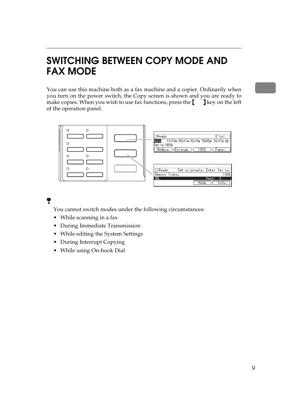 Switching between copy mode and fax mode, 1switching between copy mode and fax mode | Ricoh Aficio 340 User Manual | Page 265 / 494