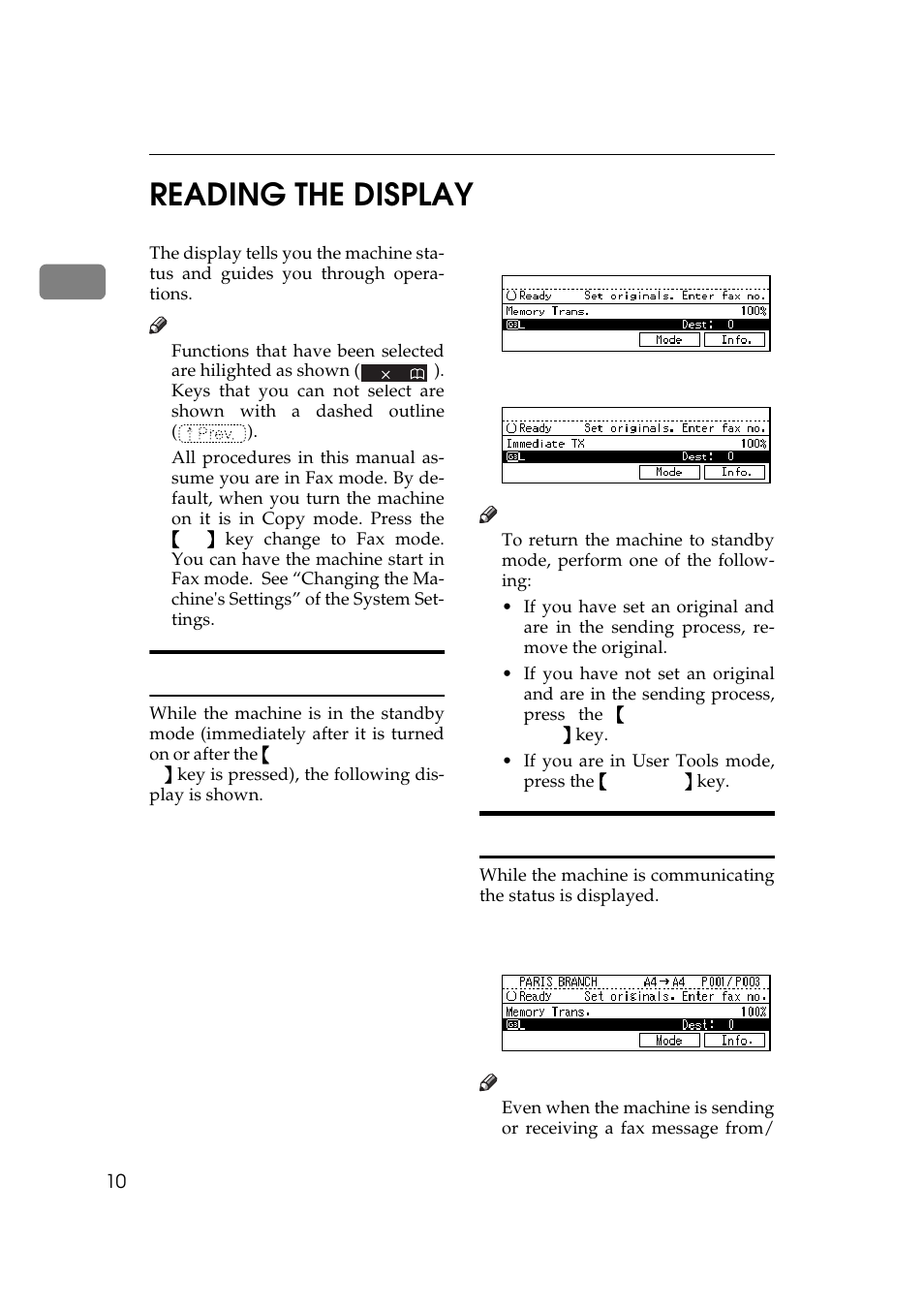Reading the display, Standby display, Communication display | 1reading the display | Ricoh Aficio 340 User Manual | Page 266 / 494