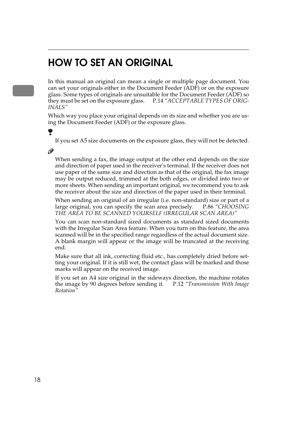 How to set an original, See p.18 “how to set an original, 1how to set an original | Ricoh Aficio 340 User Manual | Page 274 / 494