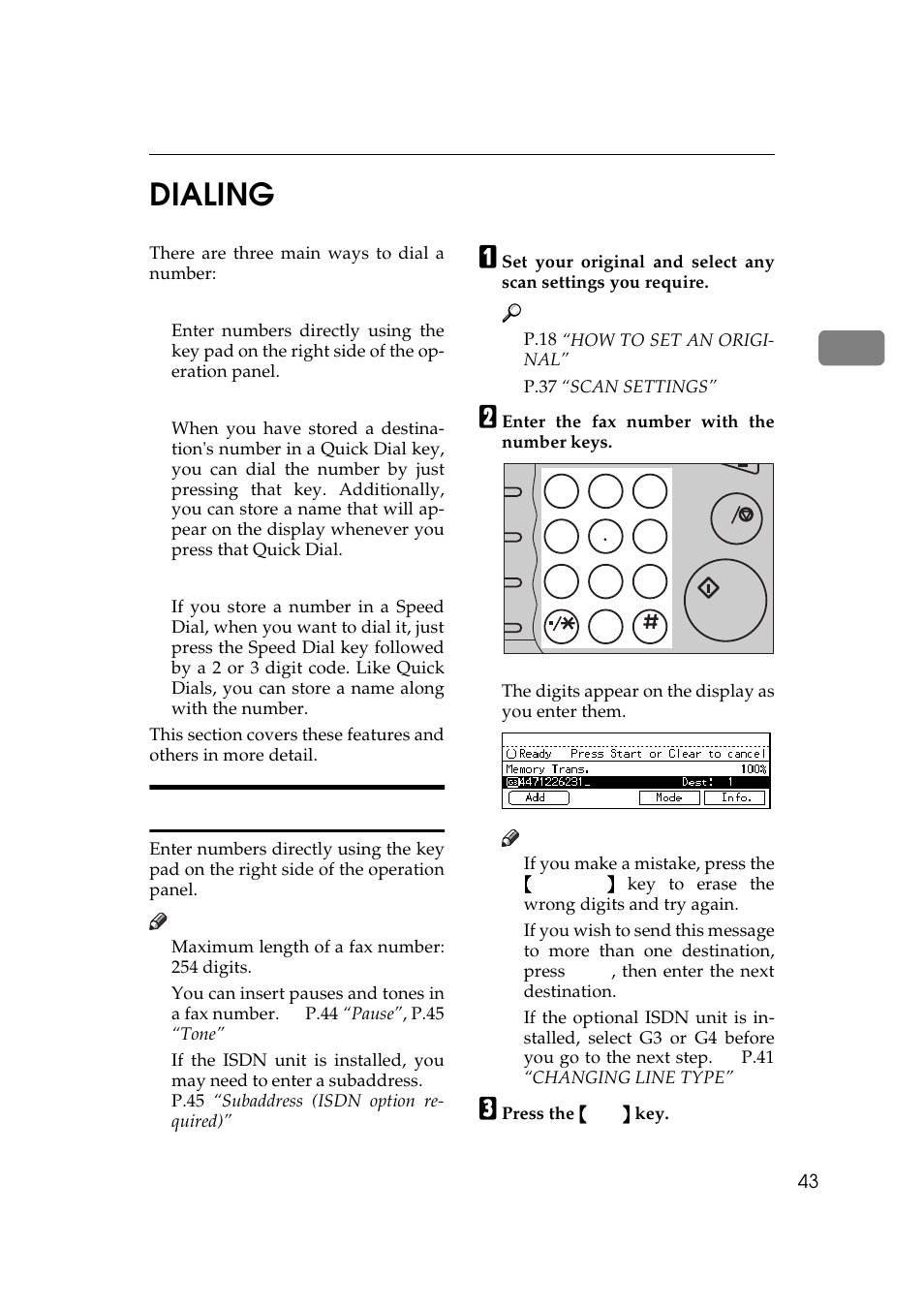 Dialing, Number keys, P.43 “dialing | 2dialing | Ricoh Aficio 340 User Manual | Page 299 / 494