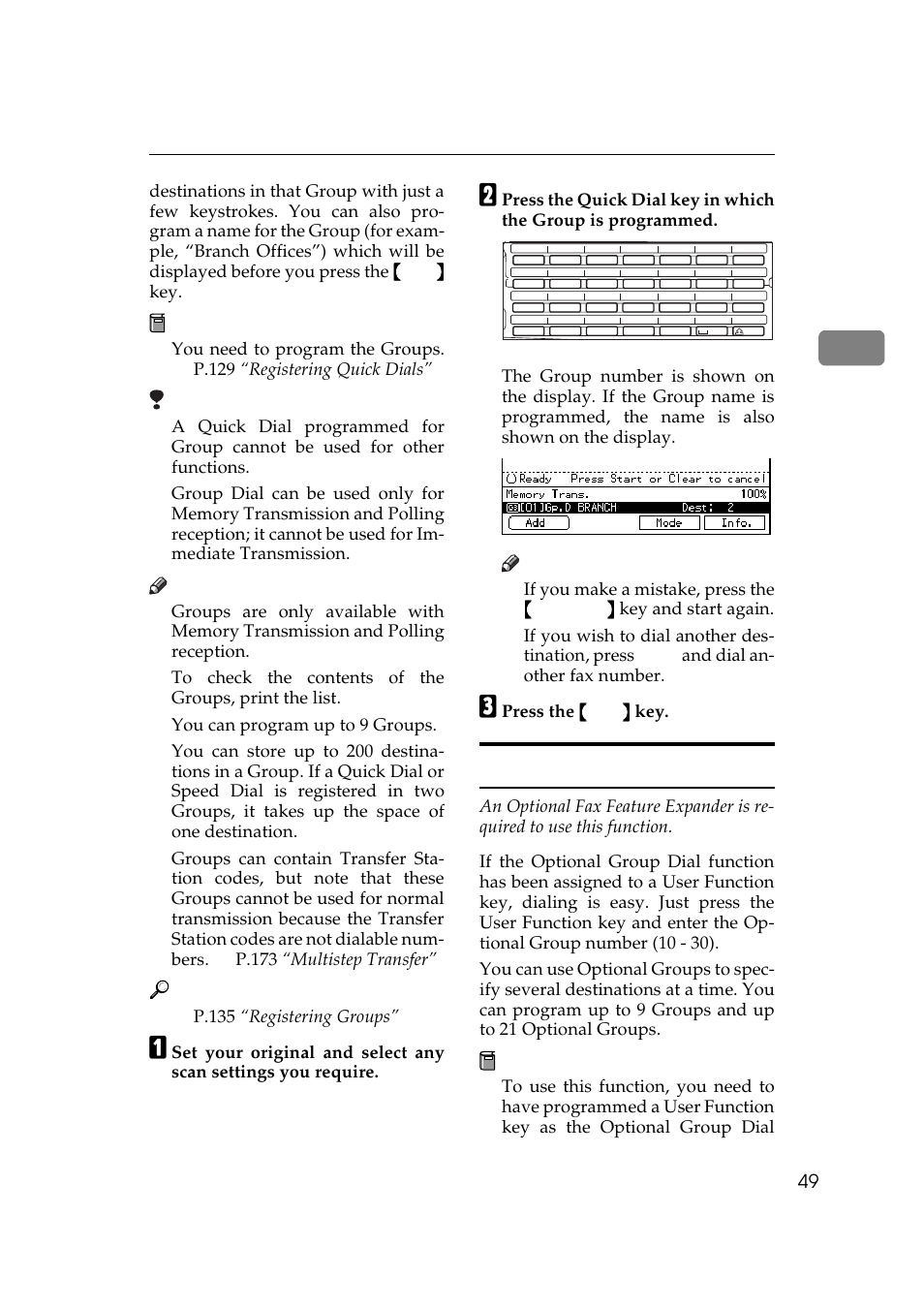 Optional group dial, P.135 “registering groups, Press the {{{{ start }}}} key | Preparation, Limitation, Reference | Ricoh Aficio 340 User Manual | Page 305 / 494