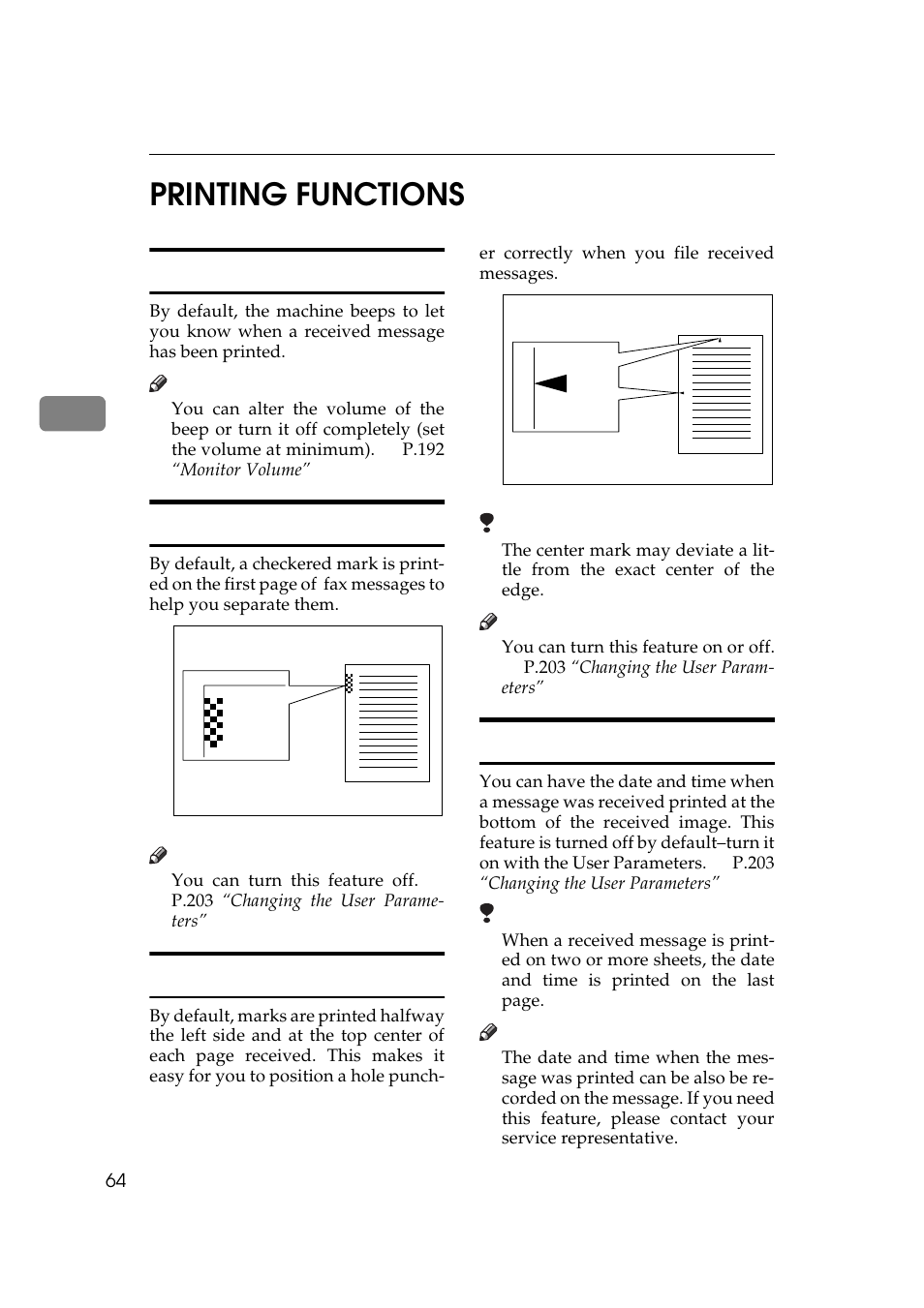 Printing functions, Print completion beep, Checkered mark | Center mark, Reception time, 3printing functions | Ricoh Aficio 340 User Manual | Page 320 / 494