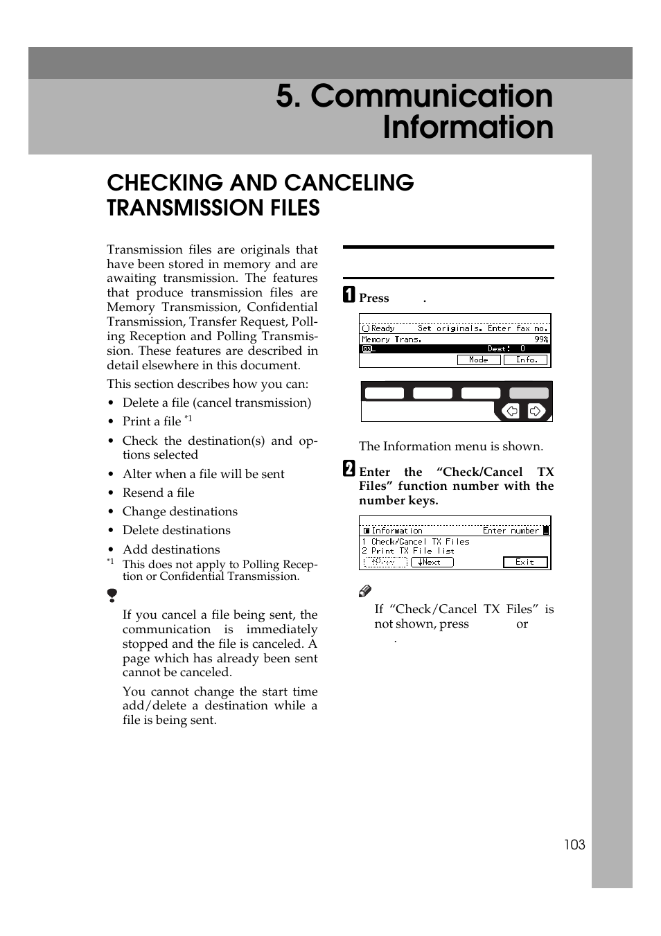  communication information, Checking and canceling transmission files, Canceling a transmission | Communication information | Ricoh Aficio 340 User Manual | Page 359 / 494