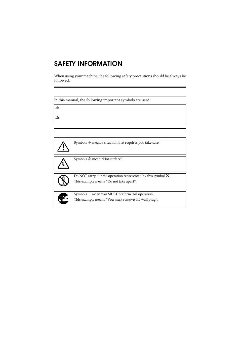 Safety information, Safety during operation, Examples of indications | Ricoh Aficio 340 User Manual | Page 36 / 494