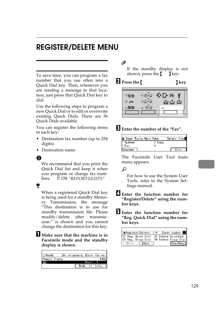 Register/delete menu, Registering quick dials, 7register/delete menu | Ricoh Aficio 340 User Manual | Page 385 / 494