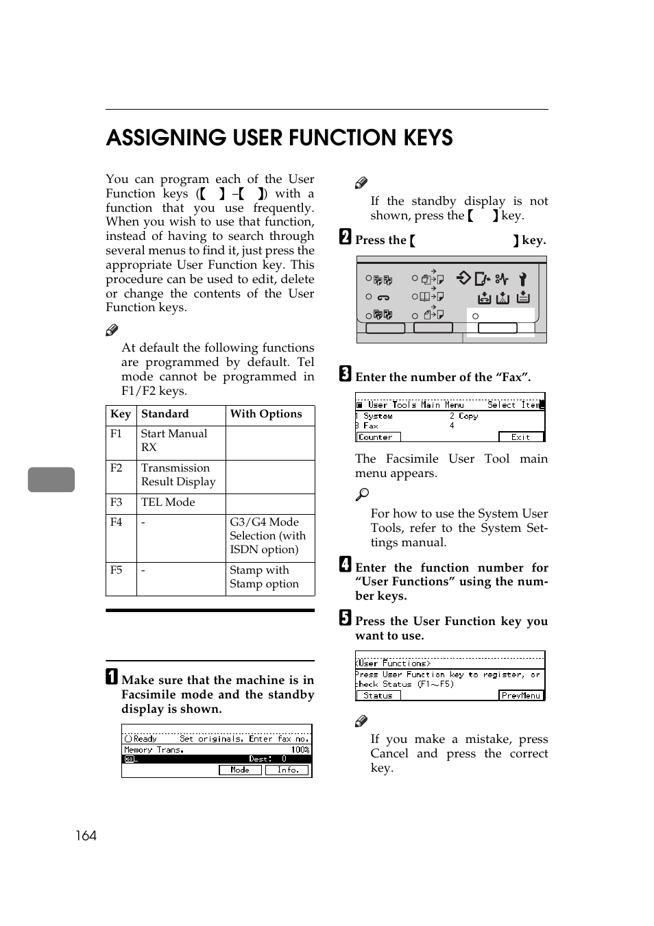 Assigning user function keys, P.164 “assigning user, Function keys | 7assigning user function keys | Ricoh Aficio 340 User Manual | Page 420 / 494
