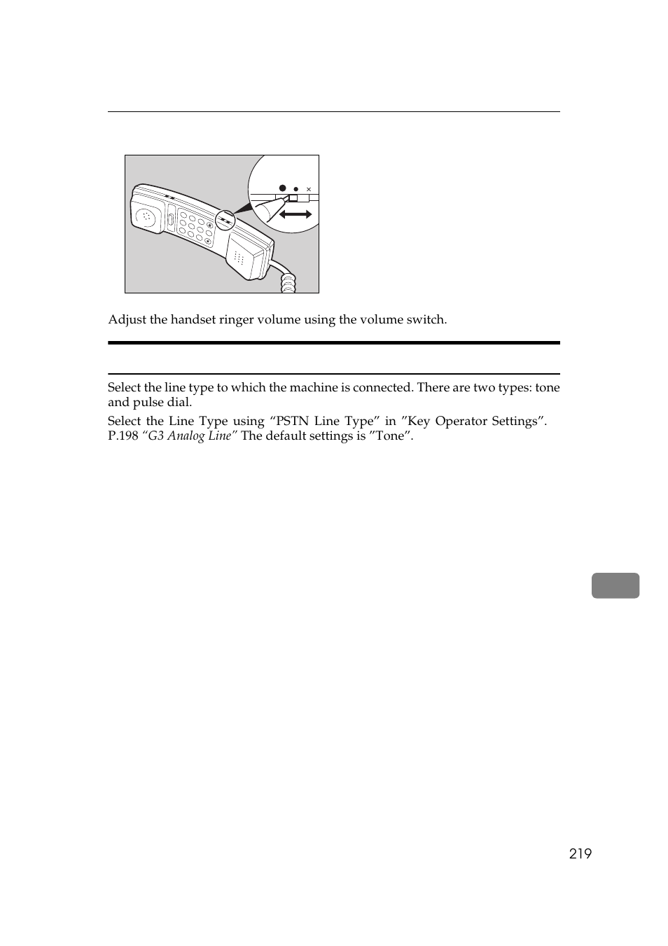Selecting the line type, Adjusting the handset bell volume | Ricoh Aficio 340 User Manual | Page 475 / 494