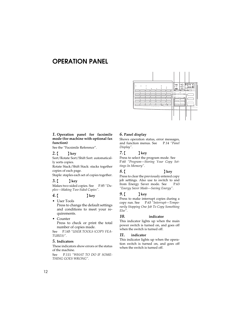 Operation panel, Sorter } key, Duplex } key | Indicators, Panel display, Program } key, Clear modes/energy saver } key, Interrupt } key, Main power indicator, On indicator | Ricoh Aficio 340 User Manual | Page 61 / 494