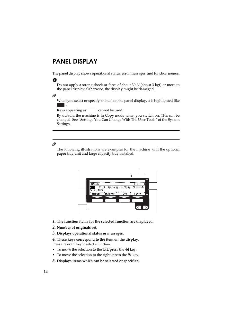 Panel display, Displays and key operations | Ricoh Aficio 340 User Manual | Page 63 / 494