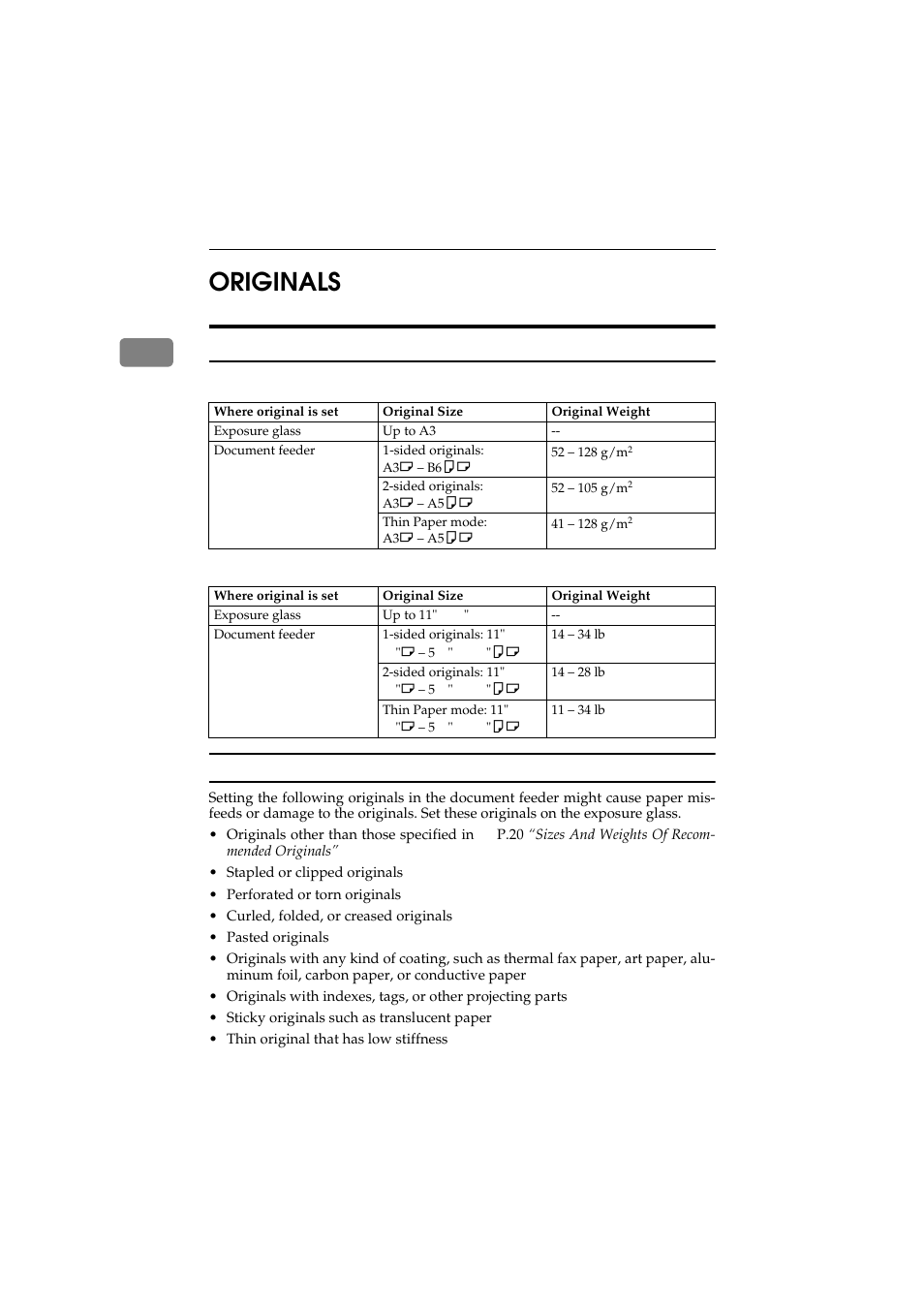 Originals, Sizes and weights of recommended originals, 1originals | Ricoh Aficio 340 User Manual | Page 69 / 494
