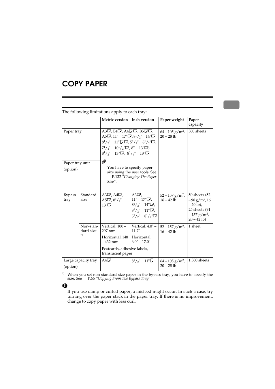 Copy paper, Recommended paper sizes and types, 1copy paper | Ricoh Aficio 340 User Manual | Page 72 / 494