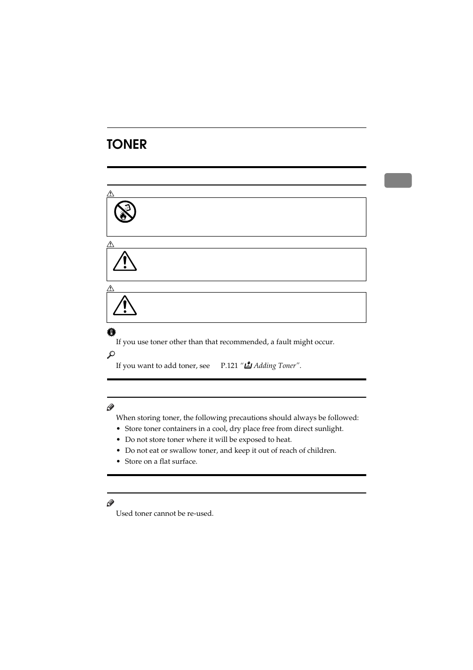 Toner, Handling toner, Toner storage | Used toner, 1toner | Ricoh Aficio 340 User Manual | Page 76 / 494