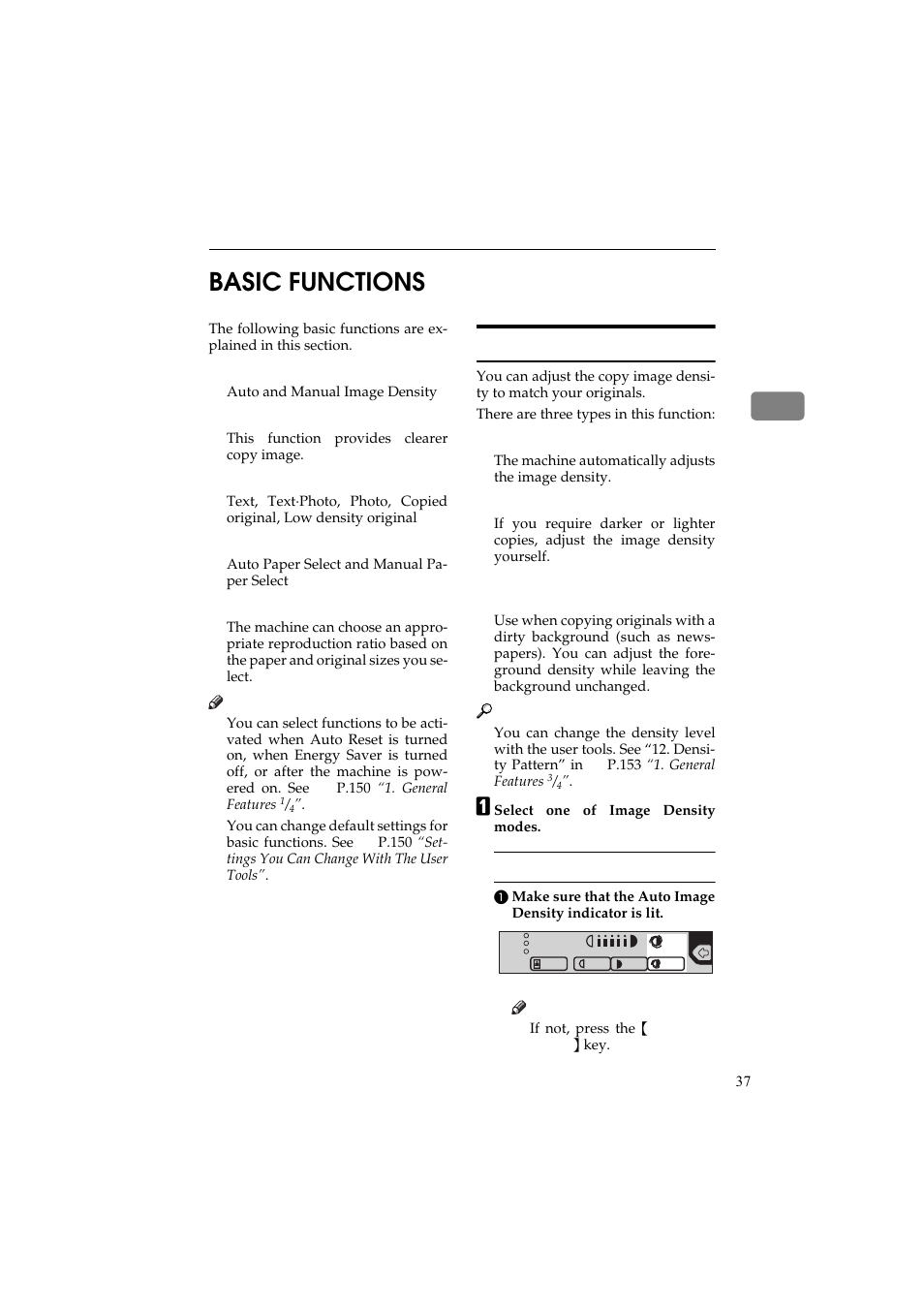 Basic functions, Adjusting copy image density, 2basic functions | Ricoh Aficio 340 User Manual | Page 86 / 494