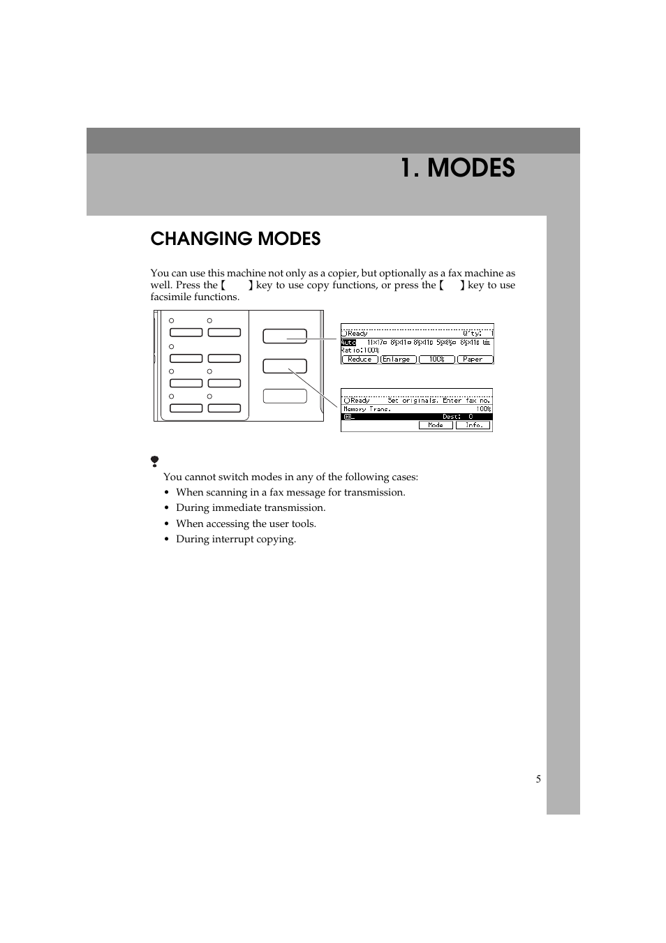 Modes, Changing modes | Ricoh Aficio 340 User Manual | Page 9 / 494