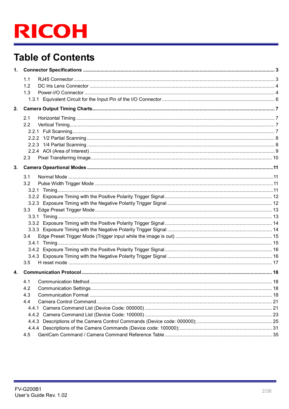 Ricoh GigE Vision VGA Monochrome CCD Camera FV-G200B1 User Manual | Page 2 / 38