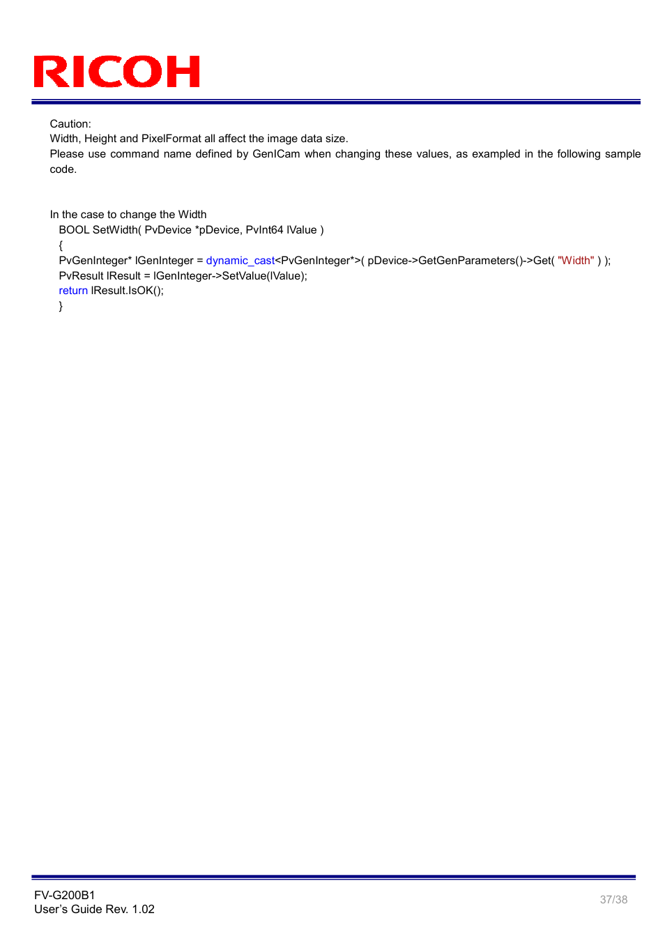Ricoh GigE Vision VGA Monochrome CCD Camera FV-G200B1 User Manual | Page 37 / 38