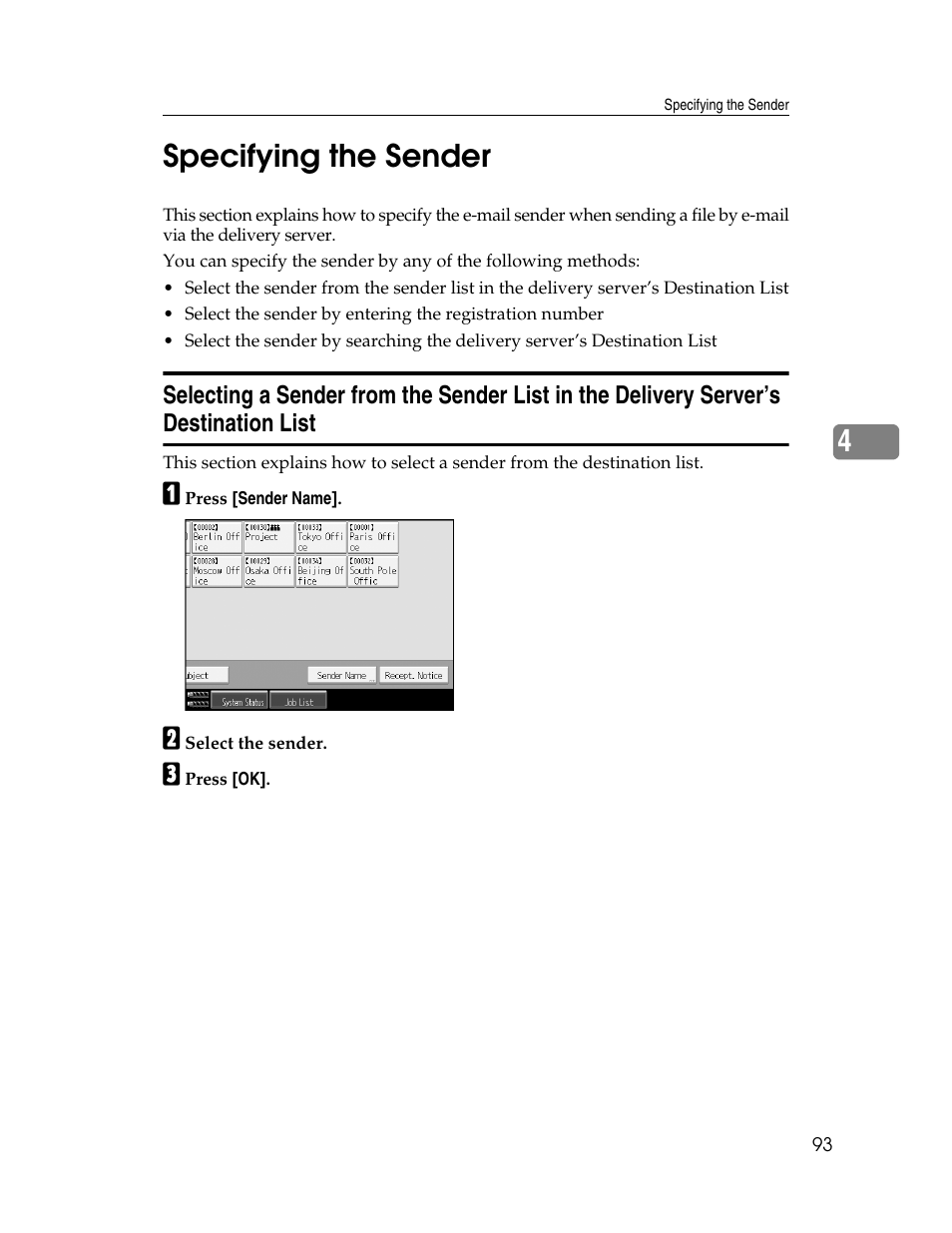 Specifying the sender, P.93 “specifying the sender, 4specifying the sender | Ricoh Aficio MP 9000 User Manual | Page 101 / 168