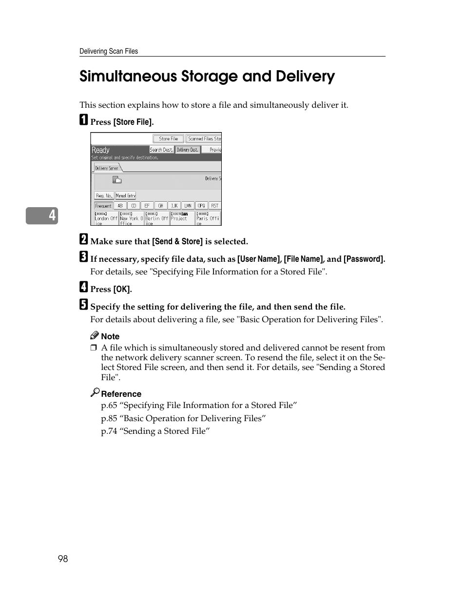 Simultaneous storage and delivery, P.98 “simultaneous storage and delivery, 4simultaneous storage and delivery | Ricoh Aficio MP 9000 User Manual | Page 106 / 168