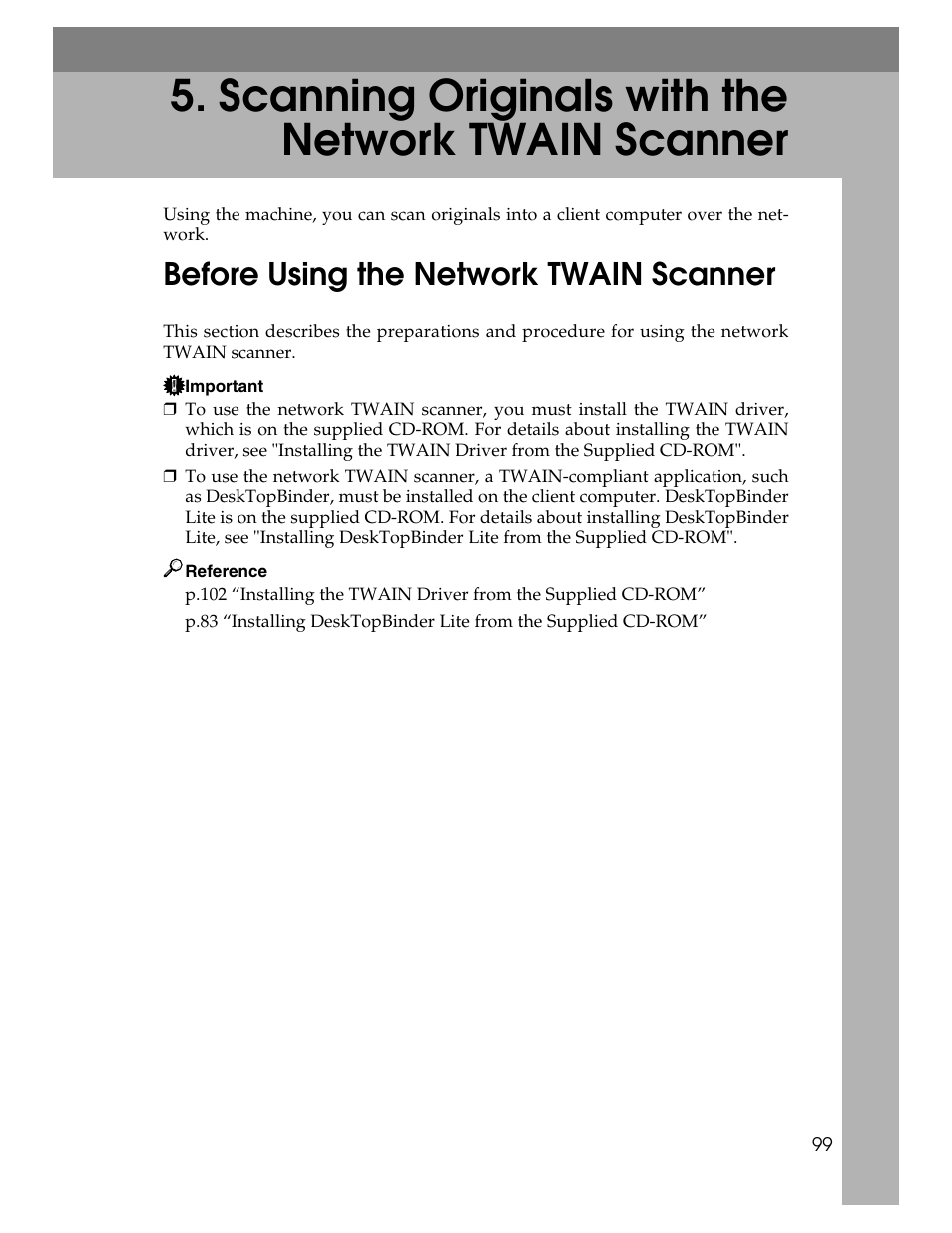 Scanning originals with the network twain scanner, Before using the network twain scanner | Ricoh Aficio MP 9000 User Manual | Page 107 / 168