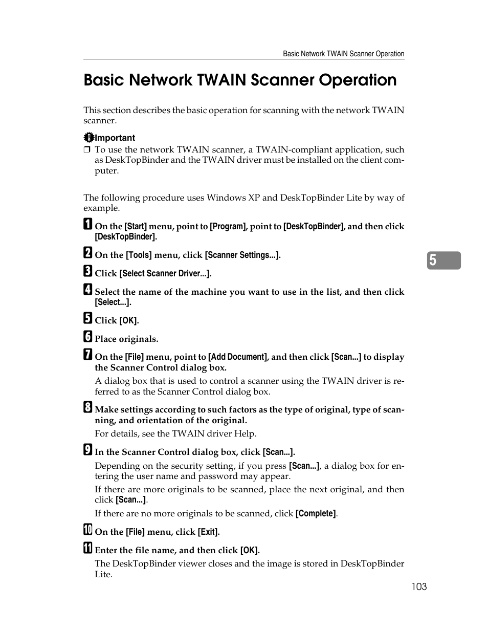 Basic network twain scanner operation, 5basic network twain scanner operation | Ricoh Aficio MP 9000 User Manual | Page 111 / 168
