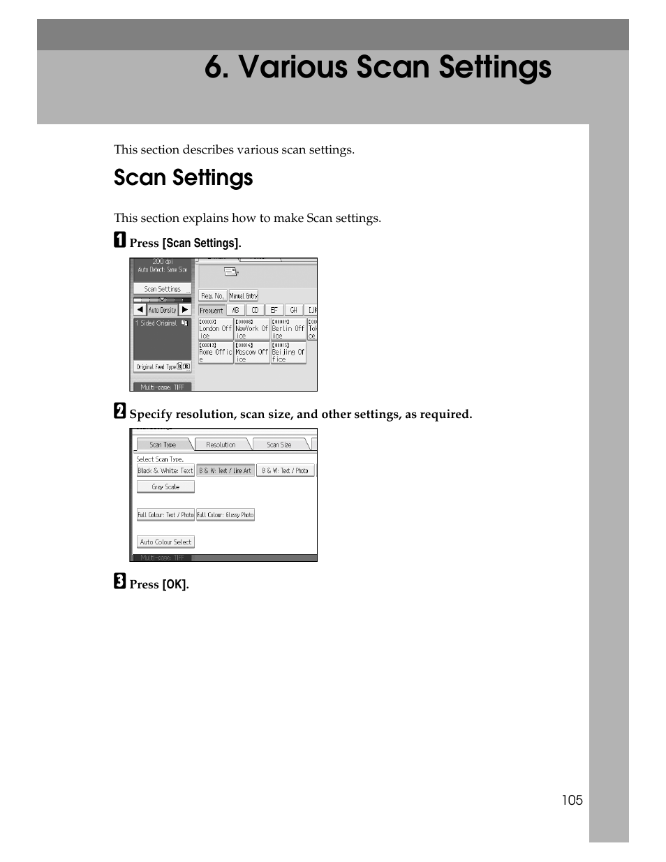 Various scan settings, Scan settings, P.105 “various scan settings | Ricoh Aficio MP 9000 User Manual | Page 113 / 168