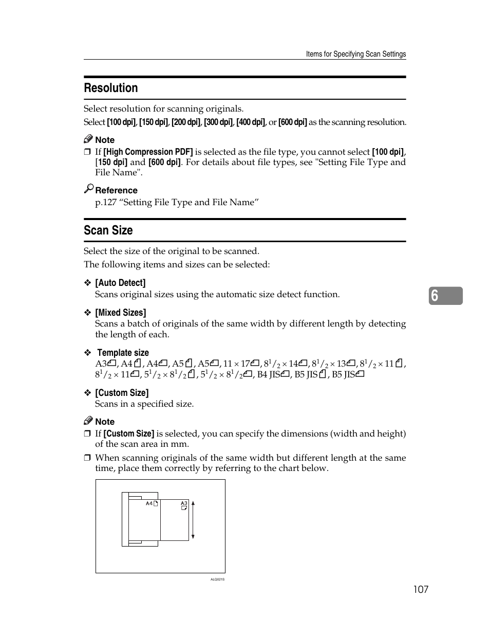 Resolution, Scan size, Resolution scan size | Ricoh Aficio MP 9000 User Manual | Page 115 / 168
