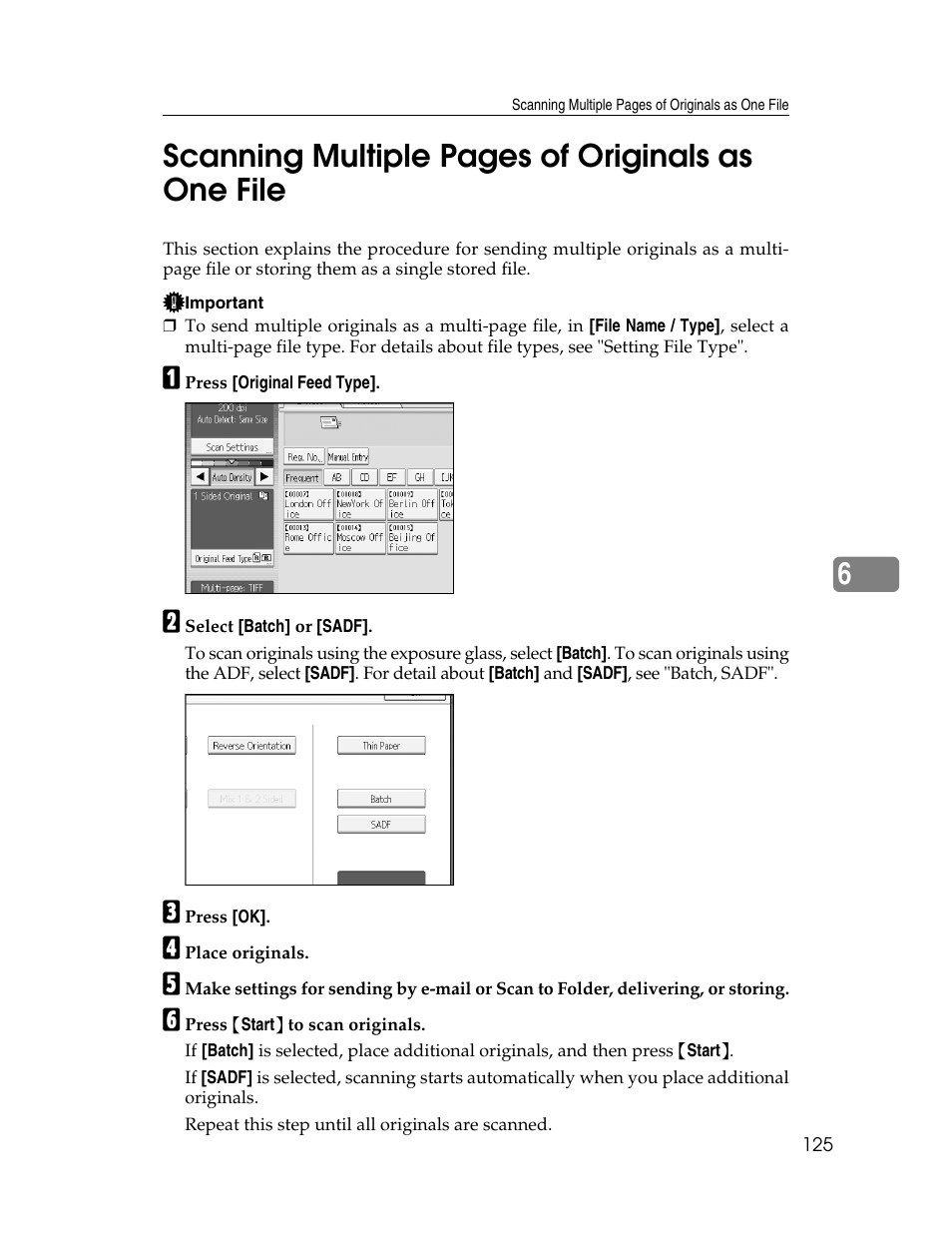 6scanning multiple pages of originals as one file | Ricoh Aficio MP 9000 User Manual | Page 133 / 168
