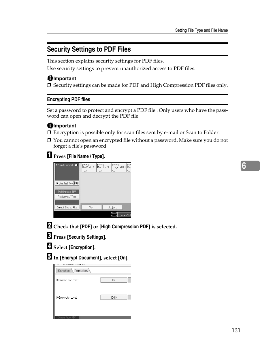 Security settings to pdf files, Encrypting pdf files | Ricoh Aficio MP 9000 User Manual | Page 139 / 168