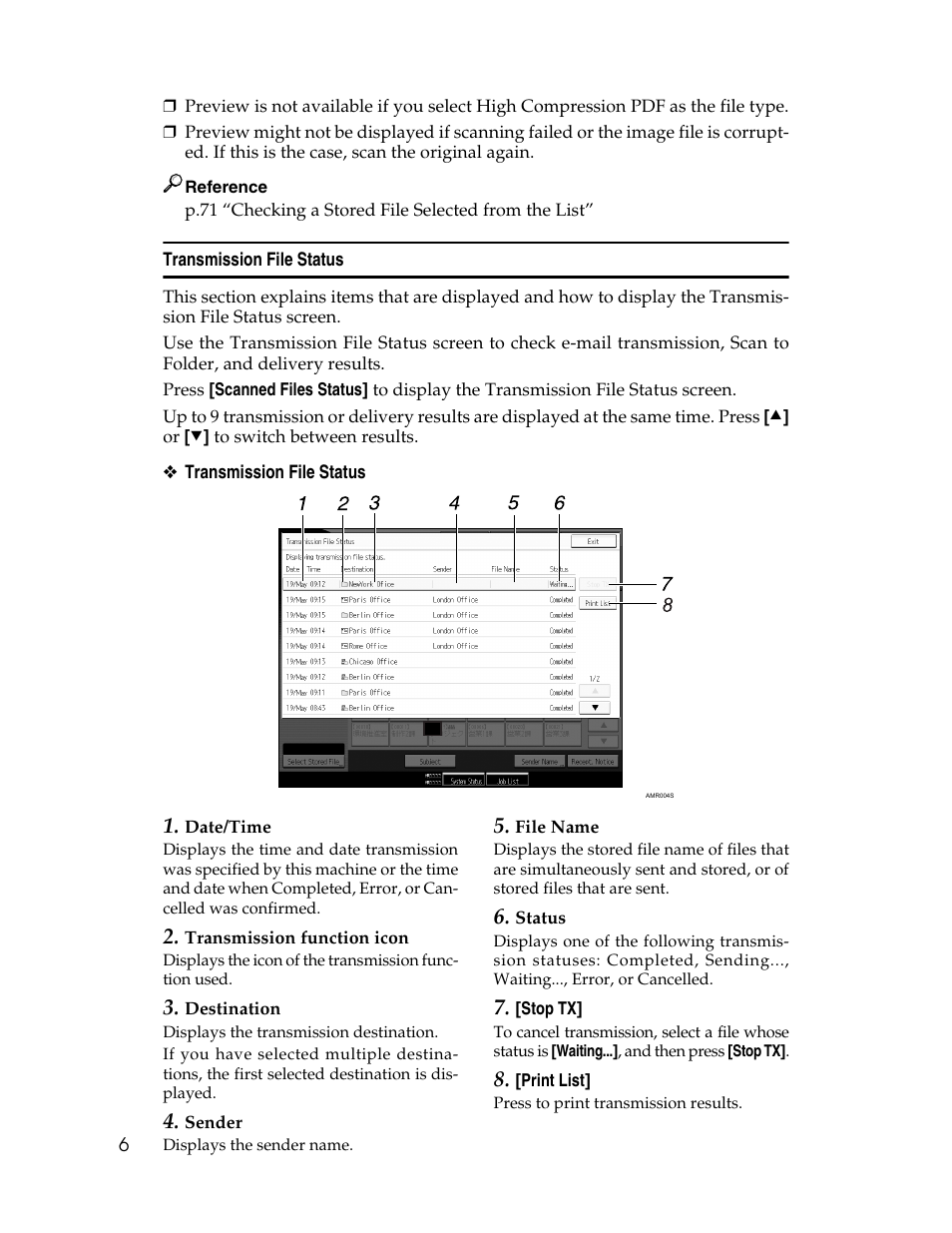 Transmission file status | Ricoh Aficio MP 9000 User Manual | Page 14 / 168
