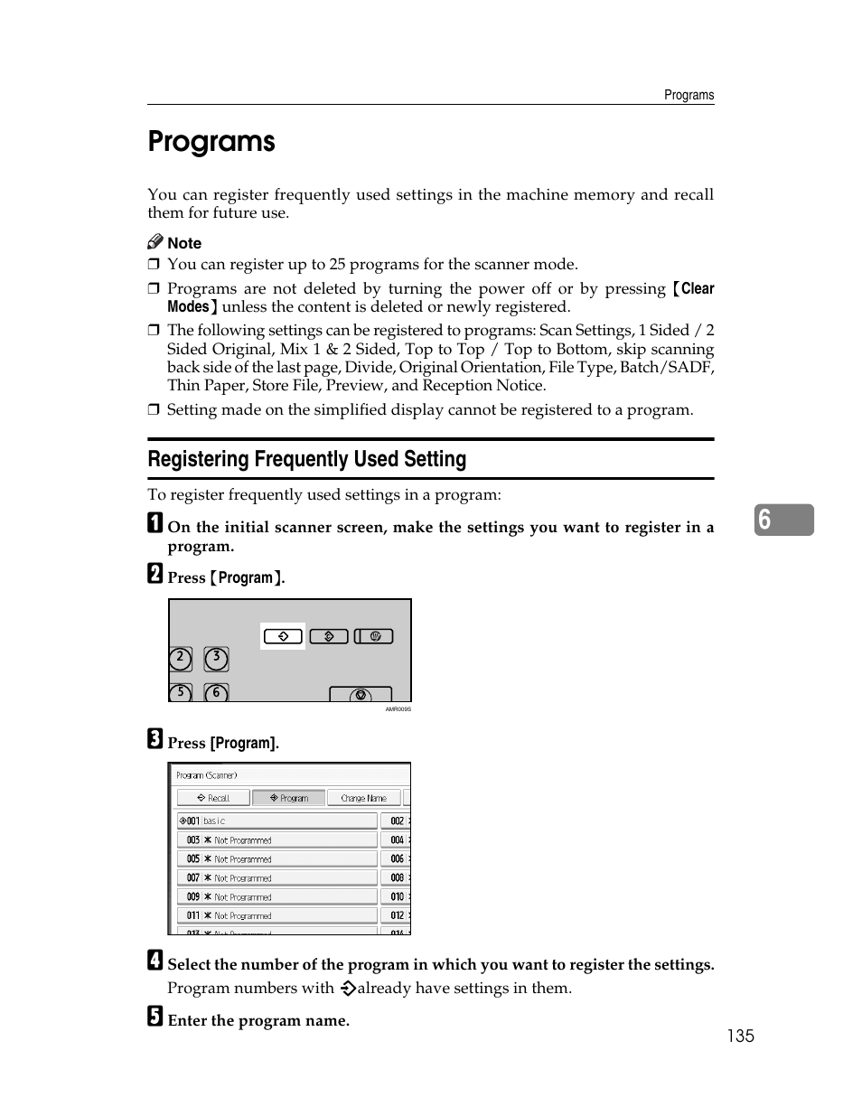 Programs, Registering frequently used setting, 6programs | Ricoh Aficio MP 9000 User Manual | Page 143 / 168