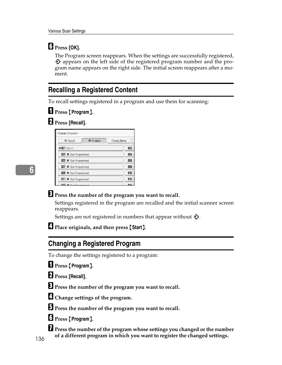 Recalling a registered content, Changing a registered program | Ricoh Aficio MP 9000 User Manual | Page 144 / 168