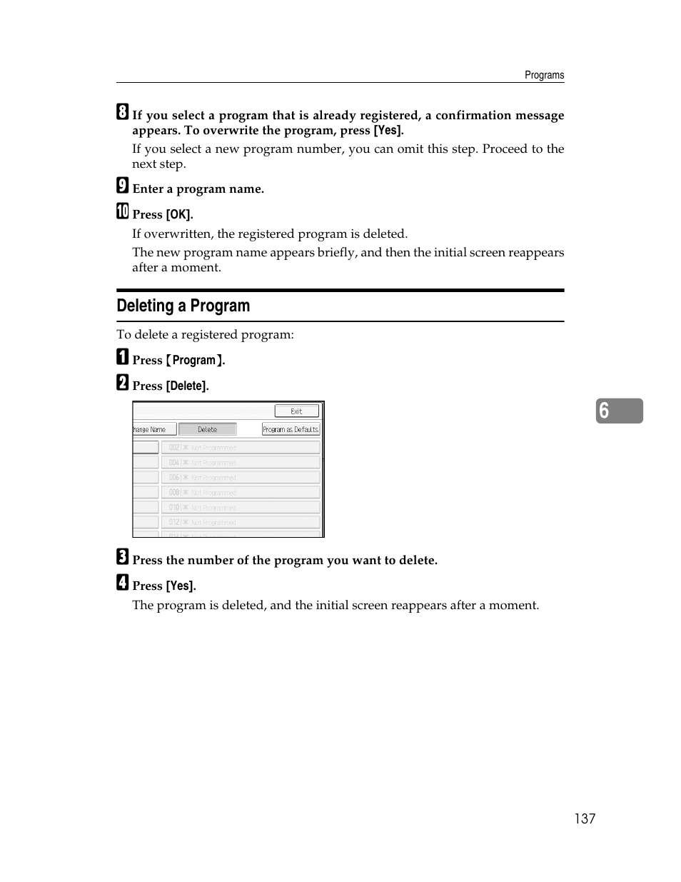 Deleting a program | Ricoh Aficio MP 9000 User Manual | Page 145 / 168