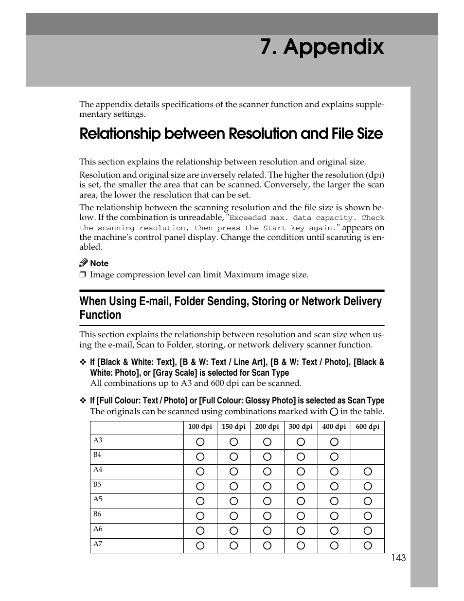 Appendix, Relationship between resolution and file size | Ricoh Aficio MP 9000 User Manual | Page 151 / 168