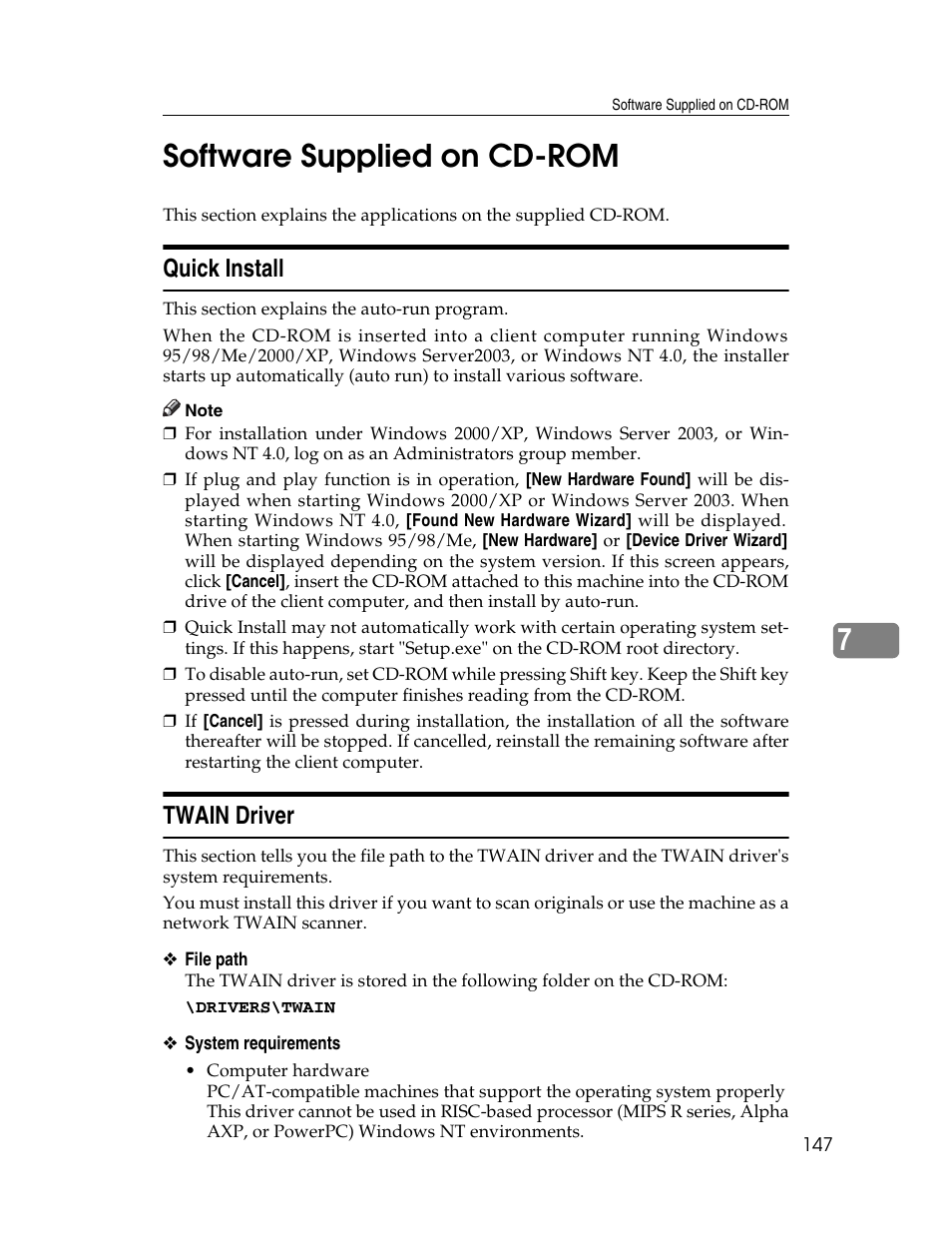 Software supplied on cd-rom, Quick install, Twain driver | Quick install twain driver, 7software supplied on cd-rom | Ricoh Aficio MP 9000 User Manual | Page 155 / 168