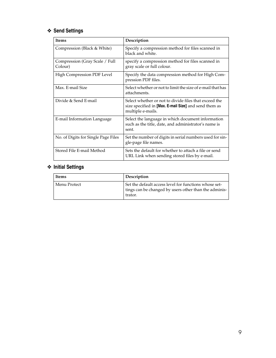 9❖ send settings ❖ initial settings | Ricoh Aficio MP 9000 User Manual | Page 17 / 168