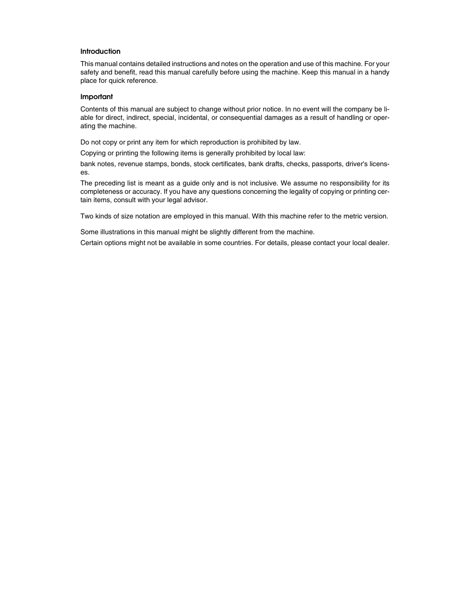 Introduction, Important | Ricoh Aficio MP 9000 User Manual | Page 2 / 168