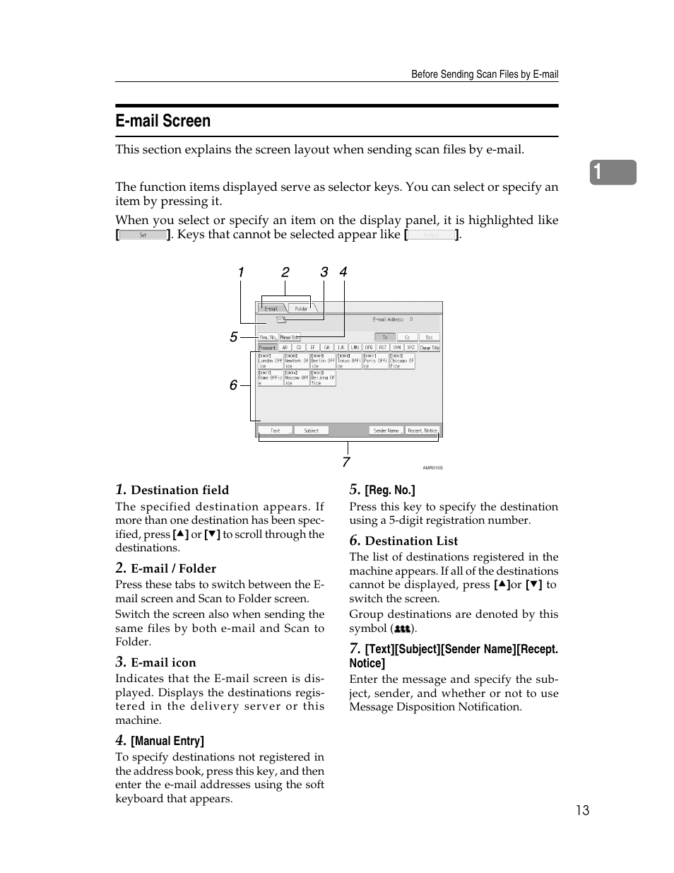 E-mail screen, P.13 “e-mail screen | Ricoh Aficio MP 9000 User Manual | Page 21 / 168